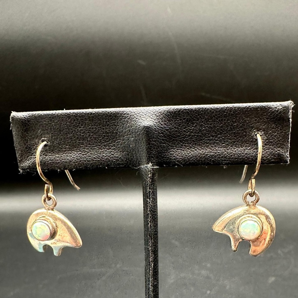 Vintage Sterling Silver Zuni Bearโ Opal Inlay Earrings Native American Dangle